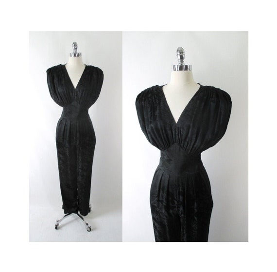 Vintage 80s Black Floral Silk Jumpsuit M