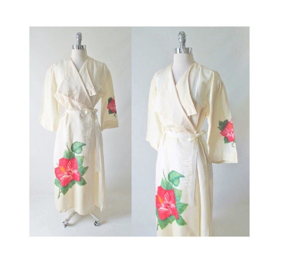 Vintage 40s 50s White Taffeta Hand Painted Hawaiia