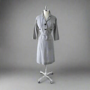 Vintage 50s Black White Check 3 Piece Peplum Suit / Skirt Jacket Set S