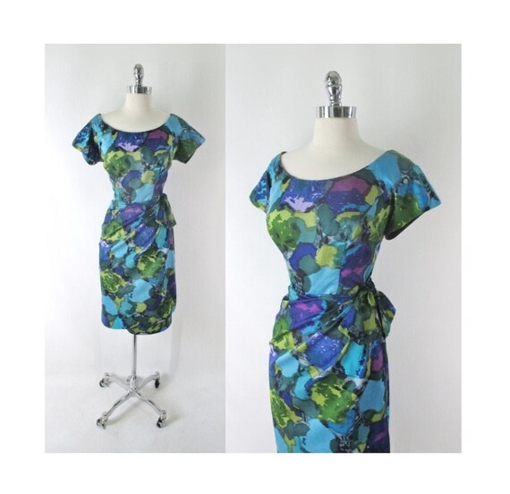 Vintage 60s Watercolor Hawaiian Sarong Dress L