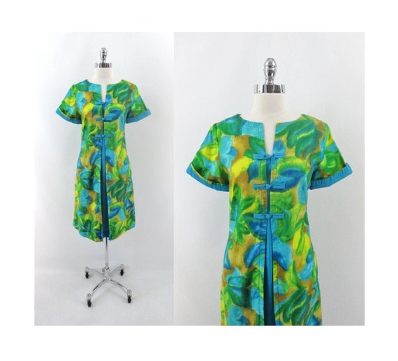 Vintage 60s Watercolor Floral Hawaiian Trapeze Dre