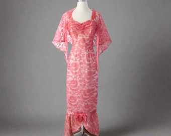 Vintage 50s Pink Lace Mermaid Hem Party Dress / Gown S