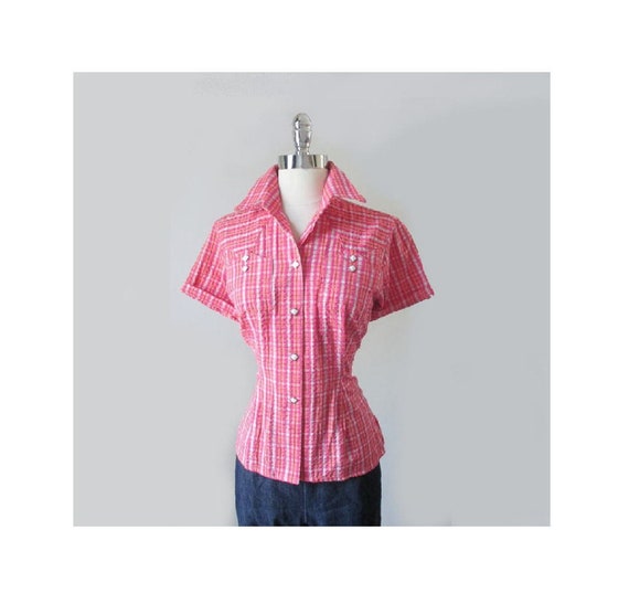 Vintage 50s Pink Seersucker Rockmount Western Shir
