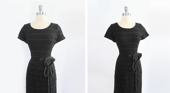 Vintage 50s Black Knit Ribbon Dress | Removable R… - image 3
