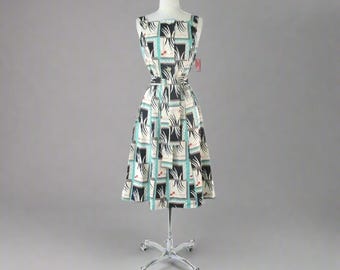 Vintage 70s Geometric Deco Print Sundress Dress Deadstock S