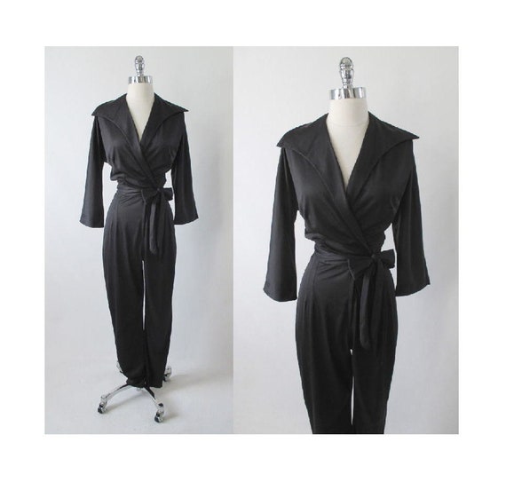 Vintage 60's Black Wrap Bombshell Jumpsuit Catsuit