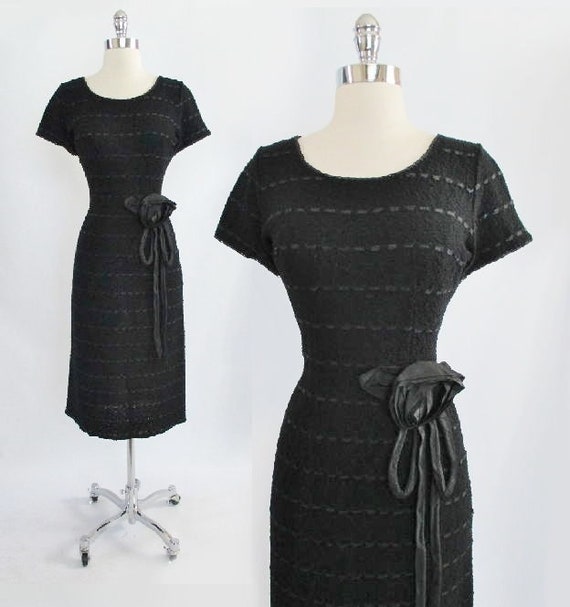 Vintage 50s Black Knit Ribbon Dress Removable Taf… - image 2