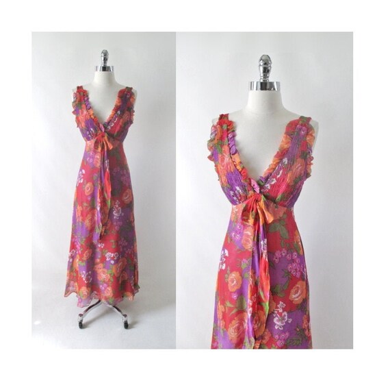 Vintage 70s Rose Garden Chiffon Maxi Party Dress X