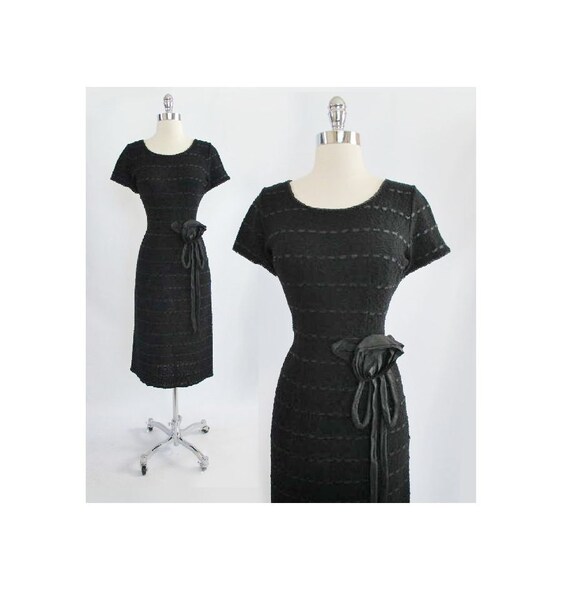 Vintage 50s Black Knit Ribbon Dress Removable Taf… - image 1