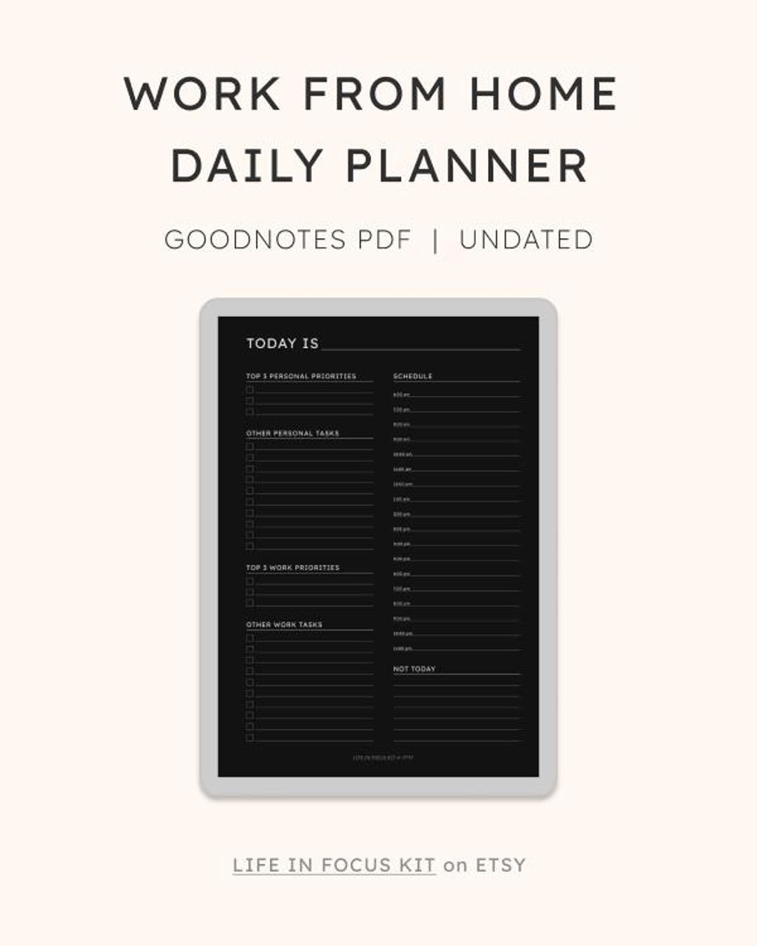 Undated Daily Planner PDF – Dark Mode | Minimal Focus Planner for ...