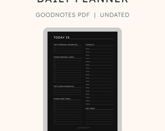 Undatierter Tagesplaner PDF – Dark Mode | Minimal Focus Planer für GoodNotes (A4 Hoch- & Querformat)