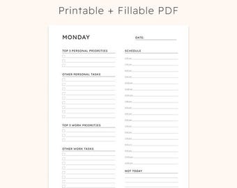 Tagesplaner Arbeit von zu Hause Montag bis Sonntag Printable Ausfüllbare PDF Minimale Agenda To Do Prioritäten A4 Letter