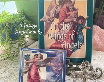 SALE Vintage Angel Books, On the Wings of Angels, Host of Angels Poetry, Christian Gift, Full Color Color Prints Wood Metal Cross Ornament