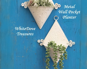 Cottage Chic White Metal Wall Pocket Triangle Planter Country Wedding Gift French Farmhouse Distressed Decor Heart Design House Blessing