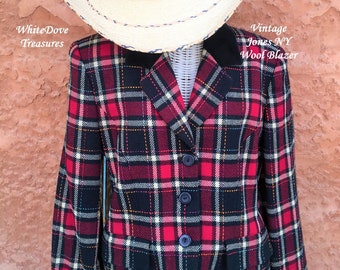 SALE Vintage 80s Jones NY Red Black Plaid Wool Riding Blazer Velvet Collar Retro Cowgirl Made USA Stripe Holiday Jacket Urban Posh