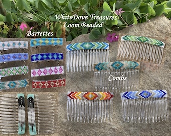 Native Beaded Hair Barrette Comb Clip, Southwest Santa Fe Fashion Boho Tribal Ombre Arrow Diamondback Design Hand Loom Powwow Festival