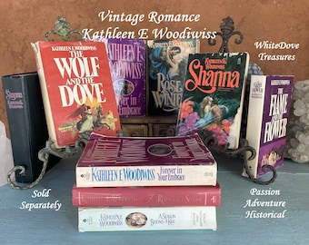 Kathleen E. Woodiwiss Book, 70s Vintage Romance Historical Novel Love Story, Shanna, Rose in Winter Wolf & the Dove The Flame and the Flower
