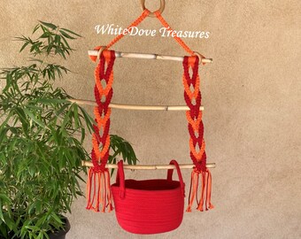 Macrame Hanging Red Basket, Sunset Organizer Storage Planter, Zen Boho Feng Shui Natural Living Fiber Art, Organic Bamboo Poles Adjustable
