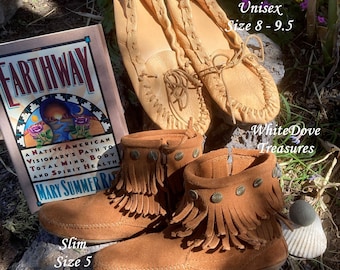 Unisex Leather Moccasin Loafer, Boho Fringe Ankle Boot Rubber Sole, Natural Casual Handmade Slip On, EarthWay Book Wise Woman Mom Dad Gifts