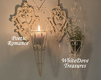 Vintage French Cottage Chic White Wall Hanging Metal Candle Holder Bud Vase Poetic Romance Cast Iron Wall Sconce Housewarming Patio Gift