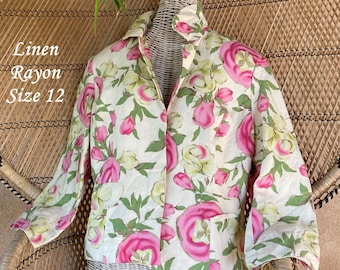 Summer Floral Crop Blazer Woman Size 12, Ann Taylor Bold Watercolor Rose Classic Chic Tailored Linen Garden Party Retro Romance Short Jacket