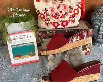 Vintage 90s Red Cork Wedge Sandal Slip On, Steve Madden Red Floral Cloth Bag Hippie Boho Slouch, Create A Charmed Life Book Spirit Secrets