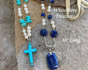 Lapis Lazuli & Pearl Long Leather Necklace, Turquoise Cross Pearl Leather, Boho Bead Cowgirl Christian Southwest Santa Fe Chakra Gemstone