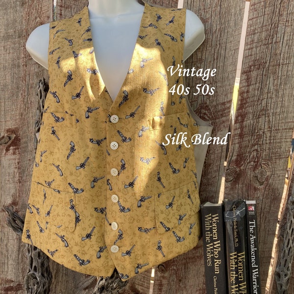 1940s 50s Gold Gambler Vest Southwest Waistcoat M40 Flintlock Pistol Classic Cowgirl Chic, Woman Who Run With Wolves - Awakened Warrior Book