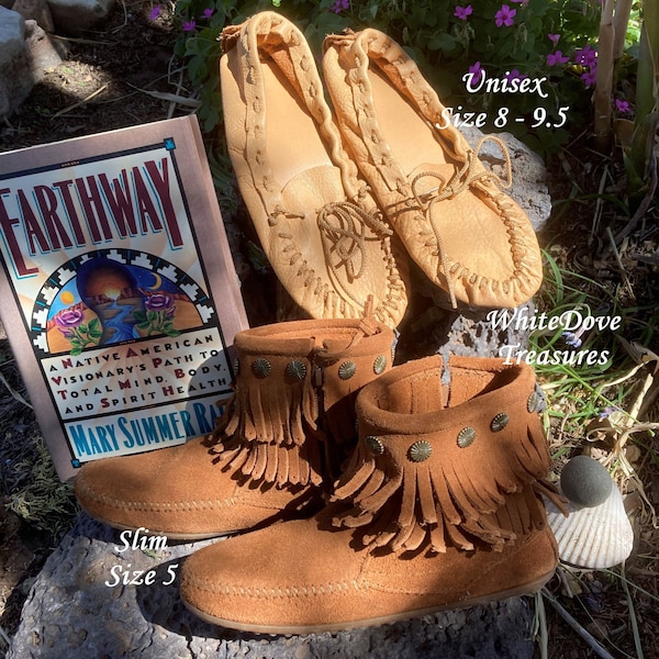 Unisex Leather Moccasin Loafer, Boho Fringe Ankle Boot Rubber Sole, Natural Casual Handmade Slip On, EarthWay Book Wise Woman Mom Dad Gifts