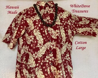 Vintage Hawaii Shirt Men L Joe Kealuha, Holiday Cruise Unisex Button Up Short Sleeve Island Beach Surf Cotton Camp Shirt Maroon Beige Floral