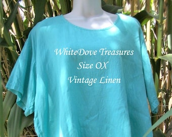 SALE Vintage Linen Short Sleeve Top Turquoise T Size OX Summer Beach Blouse Plus Size Pull Over Loose Linen Casual Shirt Linen Tunic Unisex