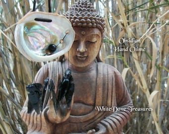 Obsidian Hand Chime Abalone Shell Wind Chime Zen Music Instrument Feng Shui House Blessing Gift Clear Energy Obsidian Arrow Arkansas Crystal