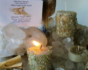 White Sage Candle Palo Santo Eagle Candle Reiki Frankincense Desert Sage Black Tourmaline Selenite Loaded Smudge Herbs Quartz Prayer Candle