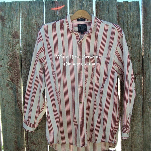 SALE Vintage Cotton Button Down Shirt Unisex Lg, Red Stripe Long Sleeve Retro Preppy Classic Cotton Comfort Double Pique Fabric Muskoka Lake