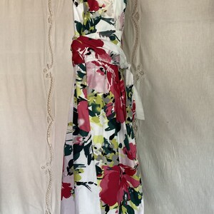 Vintage Couture Summer White Red Floral Party Dress, Elegant Socialite Romance Sleeveless High Waist Cotton Sundress Rose Watercolor Lined image 7