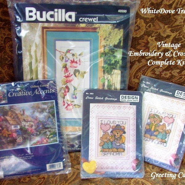 SALE Vintage Embroidery Hummingbird Kit Thatch Cottage Flower Crewel Cross Stitch Grandma Bear Greeting Card Kit Complete Original Packages