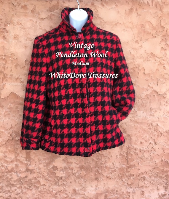 Vintage 1950s Pendleton Coat Black Red Check Houndstooth Winter