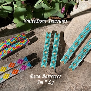 Native Beaded Barrette, Rainbow Flower Power Hair Clip, Southwest Turquoise Gold, Minimalist Abstract Festival Color Block Gift Loom Beaded