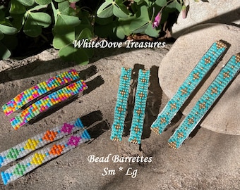 Native Beaded Barrette, Rainbow Flower Power Hair Clip, Southwest Turquoise Gold, Minimalist Abstract Festival Color Block Gift Loom Beaded