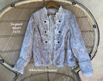80s Renaissance Jacquard Jacket, Victorian Romance Gypsy Boho Blazer, Edwardian Ruffle Cuffs Collar, Soft Tapestry Texture, Festival Charm