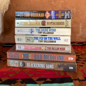 Pode incluir: Uma pilha de sete livros com t&iacute;tulos como "The Sinister Rig" e "Bad Medicine". Os livros est&atilde;o empilhados sobre um tecido estampado com desenhos geom&eacute;tricos vermelhos, castanhos e pretos. As lombadas mostram os nomes dos autores e os t&iacute;tulos.