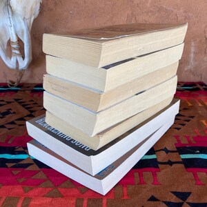 Pode incluir: Uma pilha de sete livros com p&aacute;ginas e capas brancas. Os livros est&atilde;o dispostos numa pilha ligeiramente angulada sobre um tecido estampado. O livro do topo tem uma capa castanha. O livro de baixo tem capas brancas com texto azul.