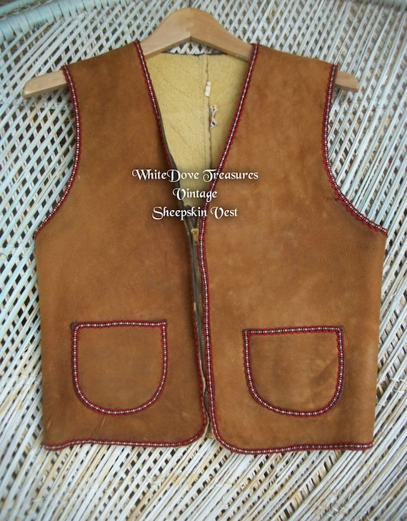 Vintage Sheepskin Vest, Genuine Leather & Natural