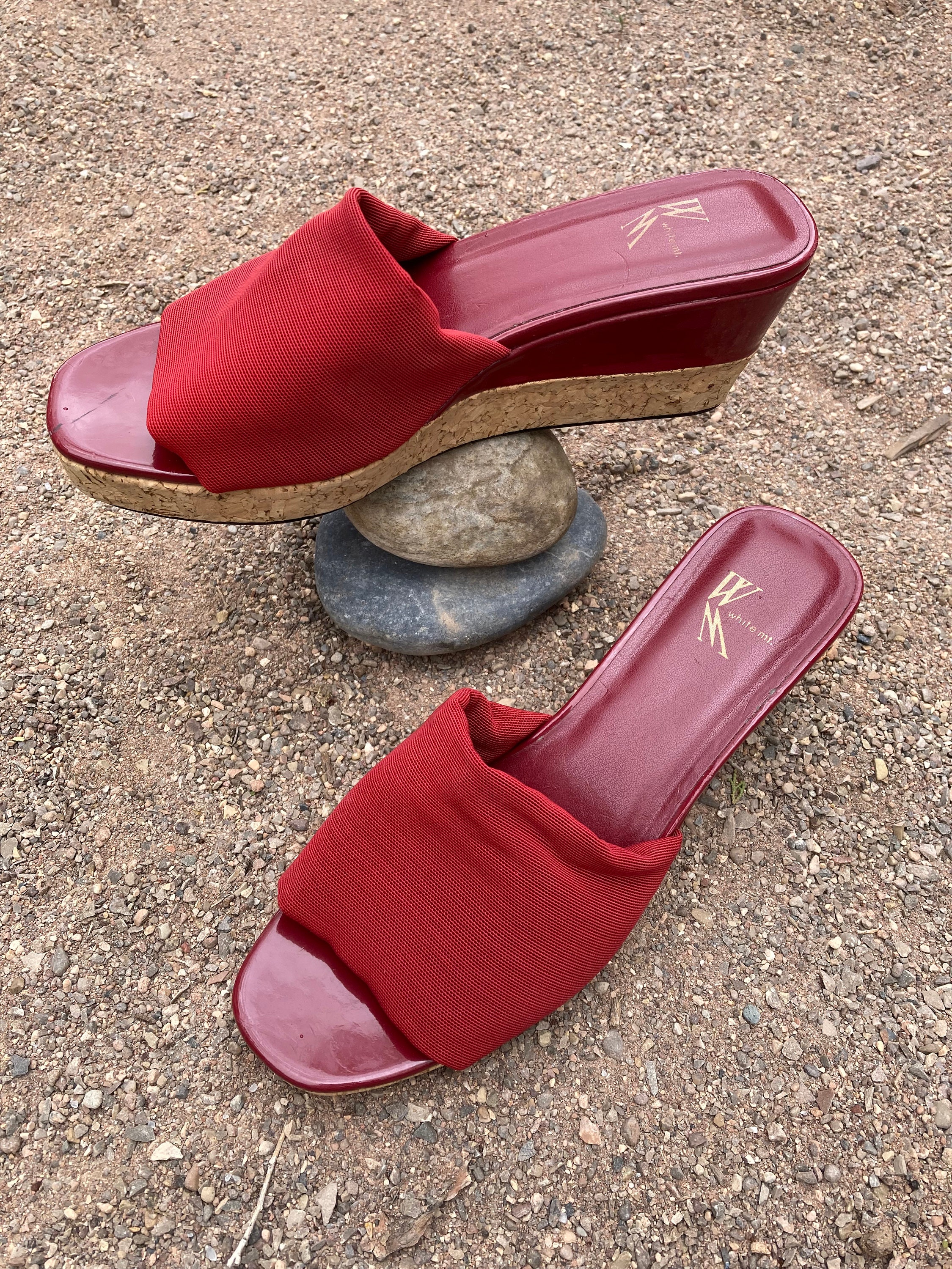 Vintage 90s Red Cork Wedge Sandal Slip On, Steve Madden Red