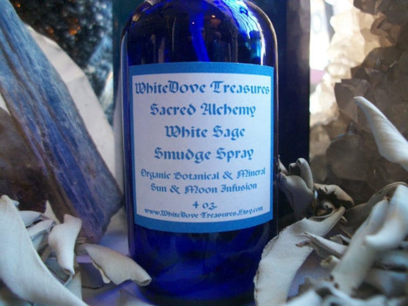 White Sage Smudge Crystal Spray, 2-4oz Aura Clearing Chakra Protect Shield Spray, Liquid Smudge Feng Shui Room Essential Oil Reiki Mood Mist image 1