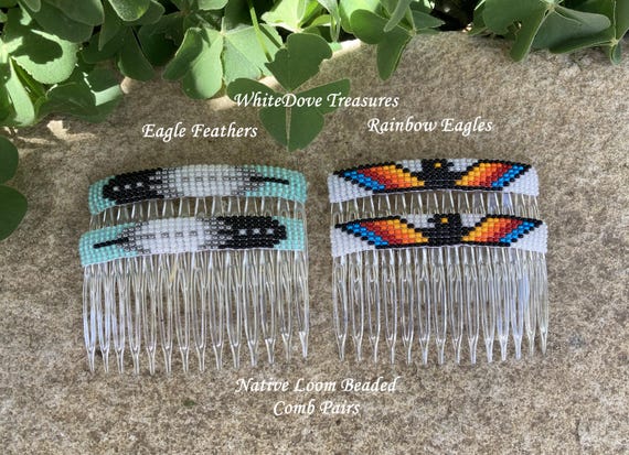 Native Eagle Feather Bead Comb, Rainbow Eagle Bead Comb Pairs, Loom Beaded Powwow Hair Santa Fe Southwest Boho Fashion Tribal Hair Jewelry