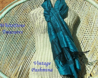 SALE Vintage Pashmina Blue Paisley Scarf Azure Blue Neck Wrap Fashion Scarf Pashima Silk Blend Blue Black 74x29" Head Wrap Face Wrap Belt