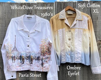 1980s XL Paris White Jacket Eiffle Tower Watercolor Street Scene, Ombre Eyelet Shirt, Boho Folk Country Western Blues Cotton Sunset Autumn