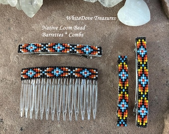 Native Beaded Hair Barrette Comb Clip Southwest Santa Fe Sunset Texas Cowgirl Classic Concho Loom Bead Boho Tribal Powwow Hair Small Large