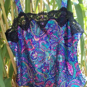 SALE Vintage 90s Blue Paisley Camisole Top M/L Lingerie Black Lace